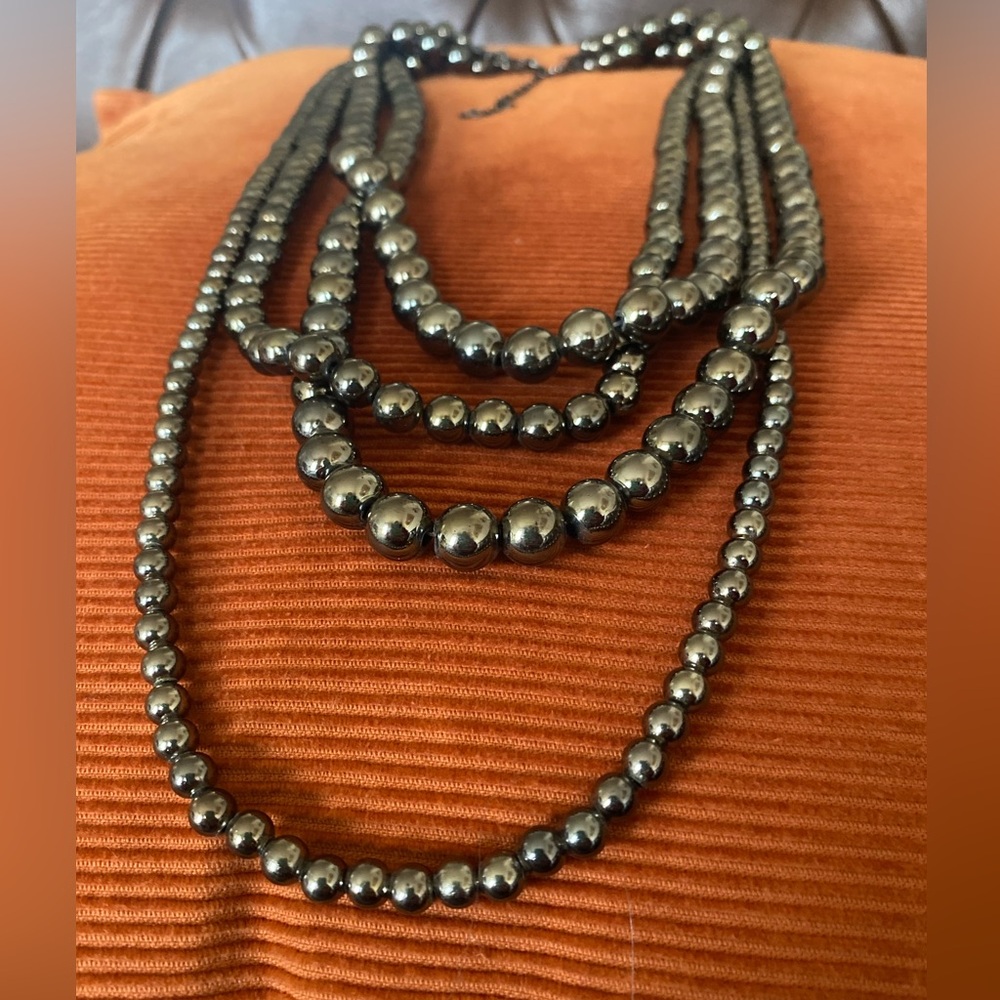 Multi-strand Beaded Necklace Hematite-colored